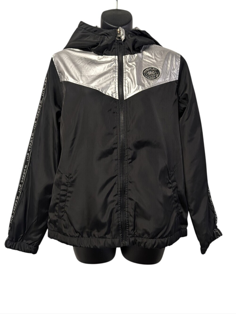 Madden Girl Fleece Lined Hooded Jacket Black Silver Colorblock Size S/P NWT